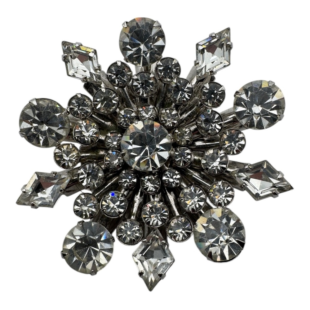 Vintage Silver Tone Rhinestone Starburst‎ Brooch Pin 1.25” Mid Century